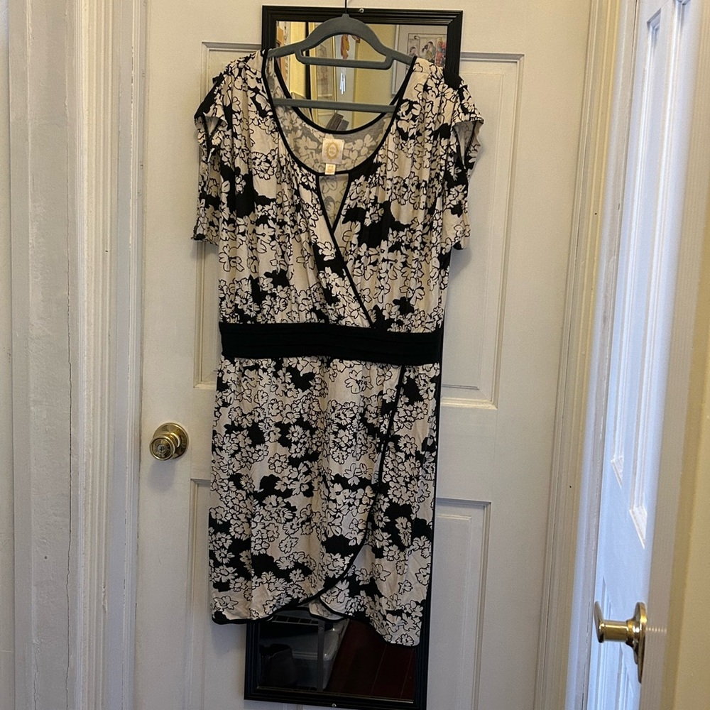 Elle Black and White Sheath Mini Dress V-Neck Flutter Cap Sleeve
